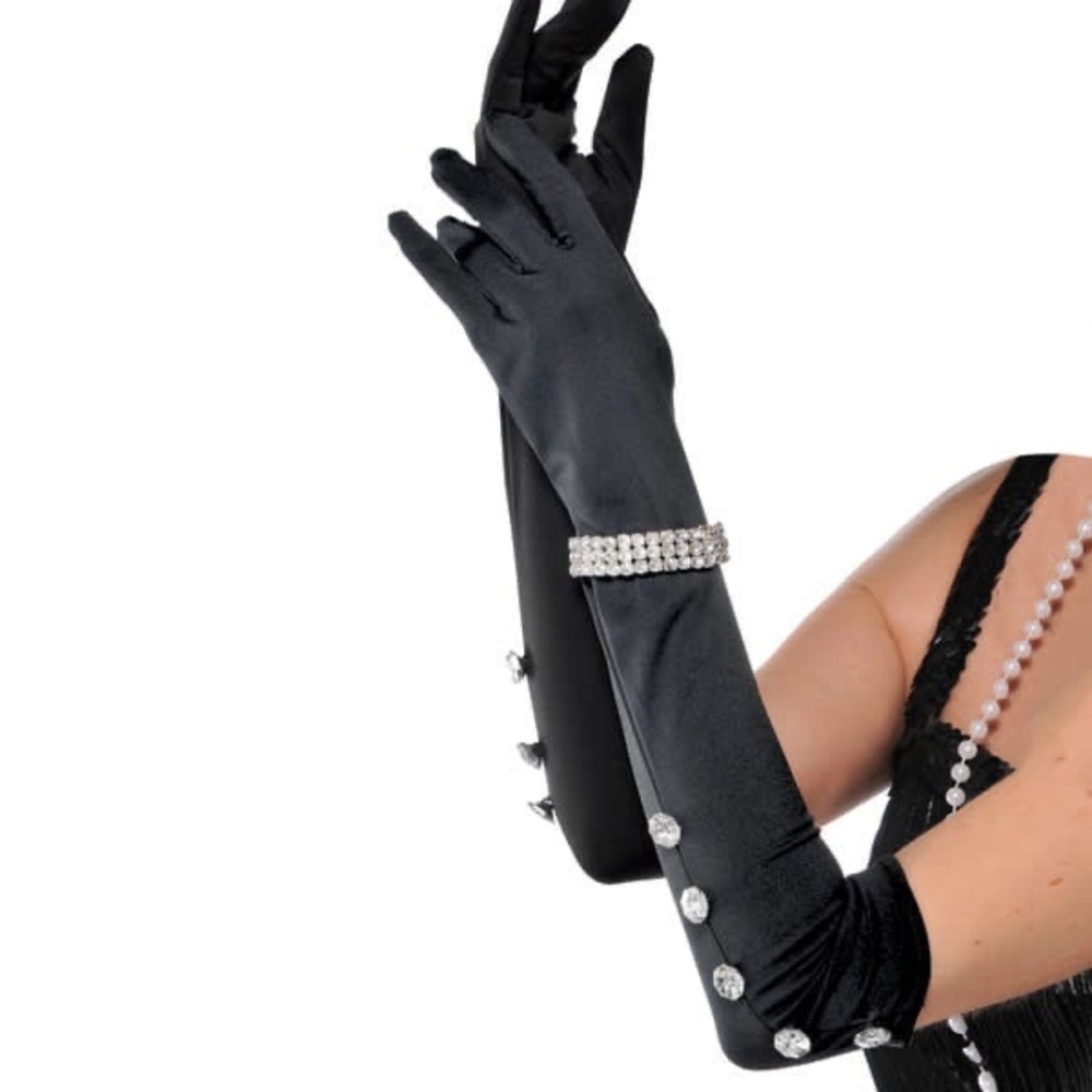 Black Long Satin Opera Gloves With Rhinestone Bracelet One Size